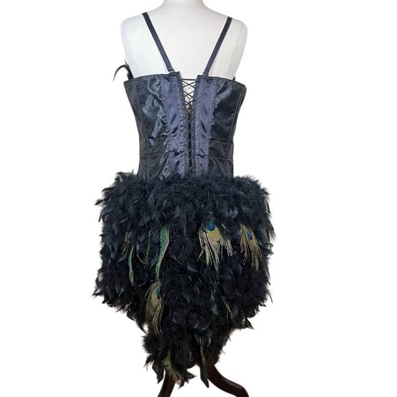 Fantasy Masquerade Peacock Feather Corset Dress Burlesque Gothic Steampunk Hi Lo - Picture 6 of 16